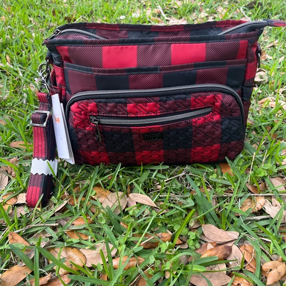 lug Handbags - NWT Lug Shimmy Red Black Buffalo Checkered Shoulder Purse with Adjustable Straps